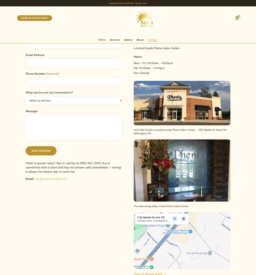 Sun's Nail Studio's new contact page with booking form and Google Maps location