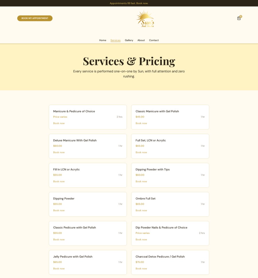 Sun's Nail Studio's new services and pricing menu page